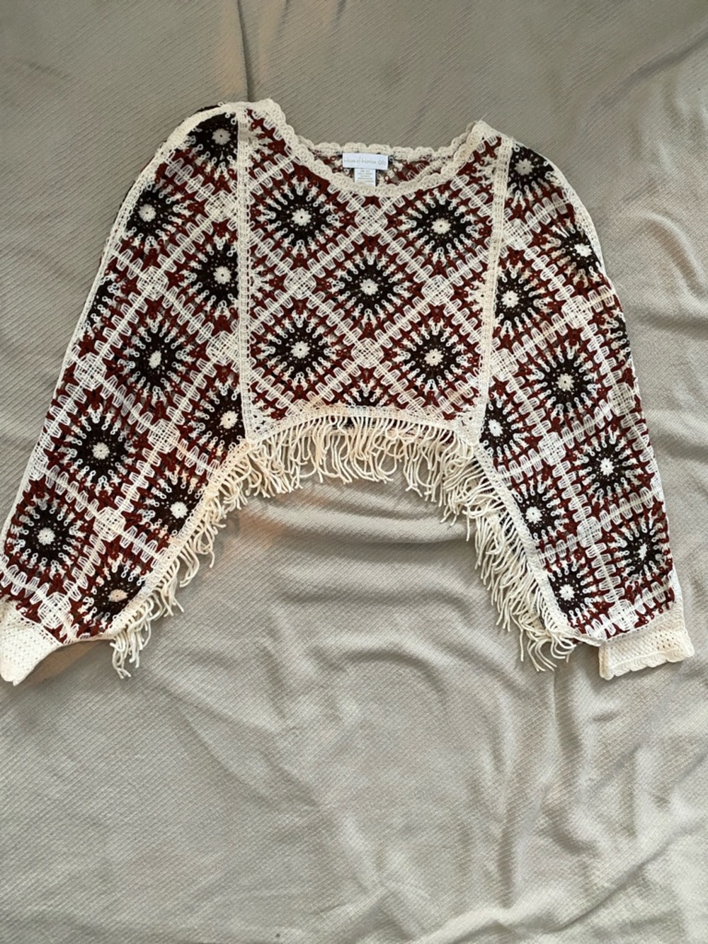House of Harlow 1960 Cream, Burgundy & Black Crochet Fringe Poncho Sweater